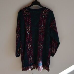 Vintage 1980s Knitted Cardigan Sweater Aztec Southwest Fringe Sz S